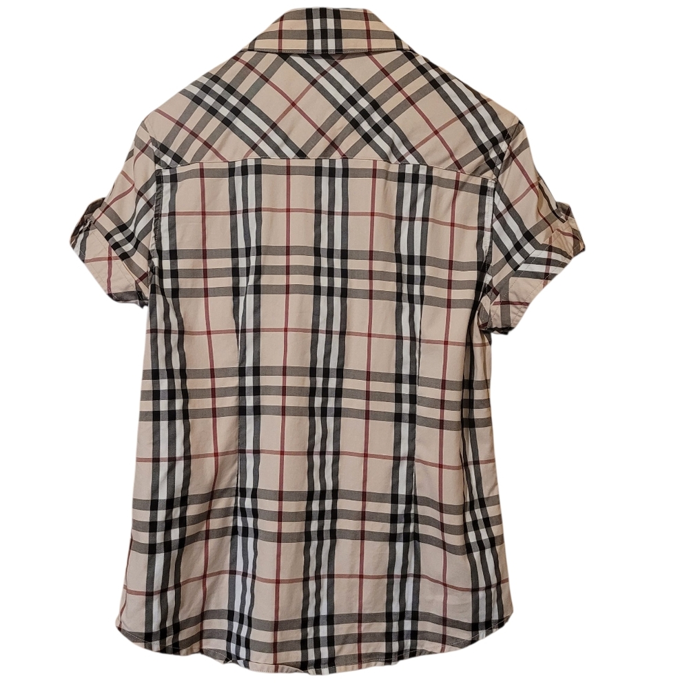 Burberry Beige, Black & Red Plaid Short Sleeve Button Down Shirt - Picture 2 of 15